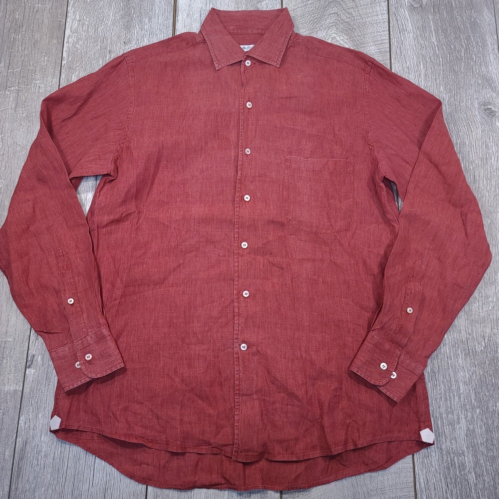 Loro Piana Button Front Shirt Mens L Red 100% Linen Long Sleeve Made in Italy